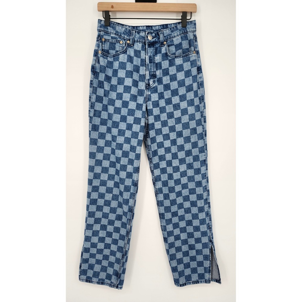 Blue Checkered Denim Womens Button Fly Pant Size 4 Skater Punk Race Day‎ Grunge